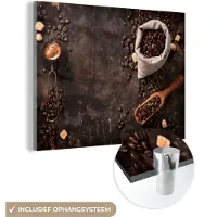 MuchoWow Glasschilderij 160x120 cm - Schilderij acrylglas - Koffiebonen - Koffie - Zak - Foto op glas - Schilderijen