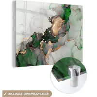 MuchoWow Glasschilderij 160x120 cm - Schilderij acrylglas - Marmer - Goud - Groen - Luxe - Foto op glas - Schilderijen