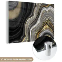 MuchoWow Glasschilderij 180x120 cm - Schilderij acrylglas - Marmer - Steen - Agaat - Black en gold - Foto op glas - Schilderijen