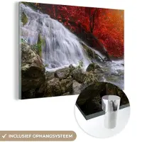 MuchoWow Glasschilderij 180x120 cm - Schilderij acrylglas - Waterval - Rotsen - Water - Herfst - Foto op glas - Schilderijen