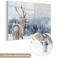 MuchoWow Glasschilderij 180x120 cm - Schilderij acrylglas - Winter - Hert - Dieren - Foto op glas - Schilderijen