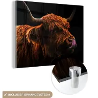 MuchoWow Glasschilderij 160x120 cm - Schilderij acrylglas - Schotse Hooglander - Tong - Neus - Foto op glas - Schilderijen
