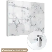 MuchoWow Glasschilderij 160x120 cm - Schilderij acrylglas - Marmer - Wit - Zilver - Glitter - Marmerlook - Chique - Foto op glas - Schilderijen