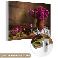 MuchoWow Glasschilderij 180x120 cm - Schilderij acrylglas - Rustiek - Bloemen - Roze - Vaas - Stilleven - Foto op glas - Schilderijen