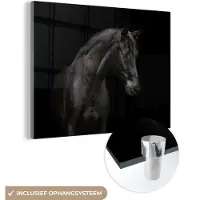 MuchoWow Glasschilderij 160x120 cm - Schilderij acrylglas - Paard - Dier - Zwart - Foto op glas - Schilderijen