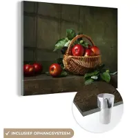MuchoWow Glasschilderij 160x120 cm - Schilderij acrylglas - Rustiek - Appel - Fruit - Rood - Mand - Stilleven - Foto op glas - Schilderijen