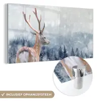 MuchoWow Glasschilderij 40x20 cm - Schilderij acrylglas - Winter - Hert - Dieren - Foto op glas - Schilderijen