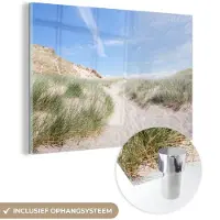 MuchoWow Glasschilderij 180x120 cm - Schilderij acrylglas - Strand - Duin - Gras - Foto op glas - Muurdecoratie woonkamer - Wanddecoratie slaapkamer - Schilderijen