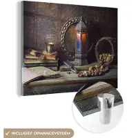 MuchoWow Glasschilderij 160x120 cm - Schilderij acrylglas - Boek - Stilleven - Walnoot - Lantaarn - Vintage - Foto op glas - Schilderijen