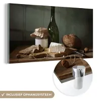 MuchoWow Glasschilderij 40x20 cm - Schilderij acrylglas - Rustiek - Brie - Stilleven - Fles - Brood - Foto op glas - Schilderijen