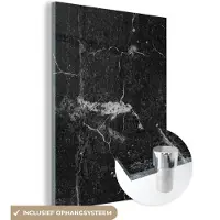 MuchoWow Glasschilderij zwart wit - Steen - Graniet - Structuren - Stenen look - Zwart - Wit - 120x160 cm - Schilderij glas - Decoratie woonkamer