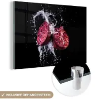 MuchoWow Glasschilderij 180x120 cm - Schilderij acrylglas - Granaatappel - Fruit - Water - Zwart - Paars - Foto op glas - Schilderijen