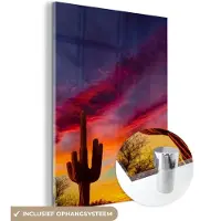 MuchoWow Glasschilderij - Schilderij natuur - Cactus - Zonsondergang - Paars - Natuur - Foto op glas - Muurdecoratie - Acrylplaat - Acrylglas - 120x160 cm - Schilderijen woonkamer