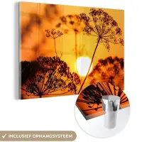 MuchoWow - Glasschilderij - Muurdecoratie - Zon - Planten - Oranje - Horizon - Acrylplaat - Wanddecoratie - Foto op glas - Acrylglas - 180x120 cm - Schilderijen woonkamer