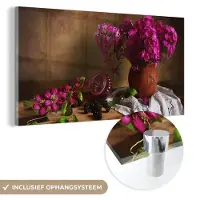 MuchoWow Glasschilderij 160x80 cm - Schilderij acrylglas - Rustiek - Bloemen - Roze - Vaas - Stilleven - Foto op glas - Schilderijen