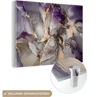MuchoWow Glasschilderij 120x90 cm - Schilderij acrylglas - Goud - Paars - Marmer - Foto op glas - Schilderijen