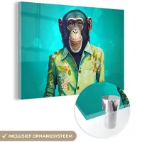 MuchoWow Glasschilderij 120x80 cm - Schilderij acrylglas - Aap - Blouse - Bloemen - Groen - Portret - Foto op glas - Schilderijen