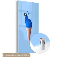 MuchoWow Glasschilderij 20x40 cm - Schilderij acrylglas - Pauw - IJshoorntje - IJs - Blauw - Vogel - Foto op glas - Schilderijen