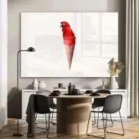MuchoWow Glasschilderij 180x120 cm - Schilderij acrylglas - IJs - Papegaai - Rood - IJshoorntjes - Wit - Foto op glas - Schilderijen