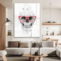 MuchoWow Glasschilderij 120x160 cm - Schilderij acrylglas - Schedel - Bril - Rood - Vogels - Doodskop - Foto op glas - Schilderijen