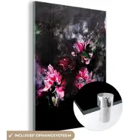 MuchoWow Glasschilderij 120x160 cm - Schilderij acrylglas - Bloemen - Kunst - Verf - Roze - Zwart - Foto op glas - Schilderijen