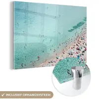 MuchoWow Glasschilderij 180x120 cm - Schilderij acrylglas - Zee - Strand - Parasols - Blauw - Zomer - Foto op glas - Schilderijen