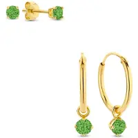 New Bling 9SIL-SET0021 Zilveren Set Oorringen met hangertje en Oorknopjes met Zirkonia - 15mm Doorsnee - Knopjes 3mm - Groen - Zilver - Verguld/Goud op Zilver