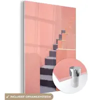 MuchoWow Glasschilderij 120x160 cm - Schilderij acrylglas - Trap - Architectuur - Roze - Pastel - Foto op glas - Schilderijen
