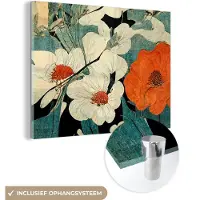 MuchoWow Glasschilderij 160x120 cm - Schilderij acrylglas - Bloemen - Planten - Vintage - Azië - Oranje - Foto op glas - Muurdecoratie woonkamer - Wanddecoratie slaapkamer - Schilderijen