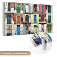 MuchoWow Glasschilderij 40x20 cm - Schilderij acrylglas - Deuren - Regenboog - Architectuur - Collage - Foto op glas - Schilderijen