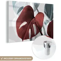MuchoWow Glasschilderij 180x120 cm - Schilderij acrylglas - Monstera - Rood - Pastel - Stilleven - Foto op glas - Schilderijen