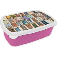 MuchoWow Broodtrommel Roze - Lunchbox - Brooddoos - Deuren - Architectuur - Vintage - Collage - 18x12x6 cm - Kinderen - Meisje