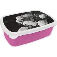 MuchoWow Broodtrommel Roze - Lunchbox - Brooddoos - Bloemen - Zwart wit - Natuur - Planten - Rozen - 18x12x6 cm - Kinderen - Meisje