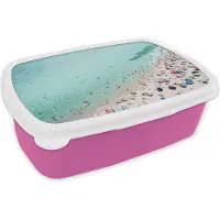 MuchoWow Broodtrommel Roze - Lunchbox - Brooddoos - Zee - Strand - Parasols - Blauw - Zomer - 18x12x6 cm - Kinderen - Meisje
