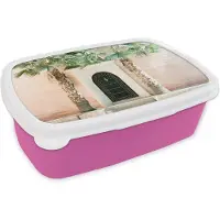 MuchoWow Broodtrommel Roze - Lunchbox - Brooddoos - Deur - Marrakesh - Palmboom - Wit - Tropisch - 18x12x6 cm - Kinderen - Meisje