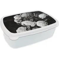 MuchoWow Broodtrommel Wit - Lunchbox - Brooddoos - Bloemen - Zwart wit - Natuur - Planten - Rozen - 18x12x6 cm - Volwassenen