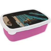 MuchoWow Broodtrommel Roze - Lunchbox - Brooddoos - Deur - Blauw - Architectuur - Vaas - 18x12x6 cm - Kinderen - Meisje