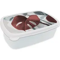 MuchoWow Broodtrommel Wit - Lunchbox - Brooddoos - Monstera - Rood - Pastel - Stilleven - 18x12x6 cm - Volwassenen