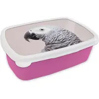 MuchoWow Broodtrommel Roze - Lunchbox - Brooddoos - Papegaai - Grijs - Dieren - Natuur - 18x12x6 cm - Kinderen - Meisje