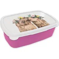 MuchoWow Broodtrommel Roze - Lunchbox - Brooddoos - Alpaca - Bloemen - Dieren - Natuur - 18x12x6 cm - Kinderen - Meisje