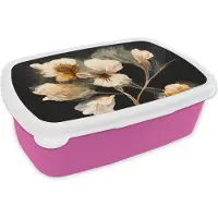 MuchoWow Broodtrommel Roze - Lunchbox - Brooddoos - Bloemen - Zwart - Planten - Vintage - 18x12x6 cm - Kinderen - Meisje