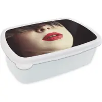 MuchoWow Broodtrommel Wit - Lunchbox - Brooddoos - Vrouw - Lippen - Rood - Portret - 18x12x6 cm - Volwassenen