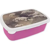 MuchoWow Broodtrommel Roze - Lunchbox - Brooddoos - Plant - Wit - Natuur - Bloemen - 18x12x6 cm - Kinderen - Meisje