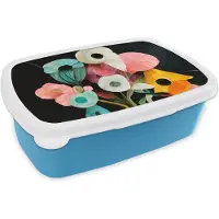 MuchoWow Broodtrommel Blauw - Lunchbox - Brooddoos - Boeket - Vaas - Bloemen - Kleuren - 18x12x6 cm - Kinderen - Jongen