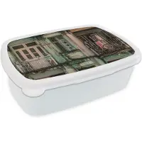 MuchoWow Broodtrommel Wit - Lunchbox - Brooddoos - Vintage - Deuren - Appartementen - Architectuur - 18x12x6 cm - Volwassenen
