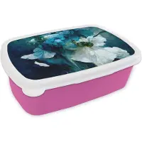 MuchoWow Broodtrommel Roze - Lunchbox - Brooddoos - Bloemen - Boeket - Verf - Blauw - 18x12x6 cm - Kinderen - Meisje