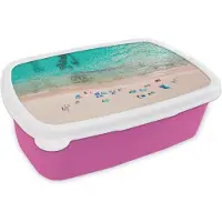 MuchoWow Broodtrommel Roze - Lunchbox - Brooddoos - Zee - Strand - Zomer - Parasols - Blauw - 18x12x6 cm - Kinderen - Meisje