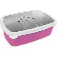 MuchoWow Broodtrommel Roze - Lunchbox - Brooddoos - Vintage - Vliegtuig - Lucht - Wolken - Zwart wit - 18x12x6 cm - Kinderen - Meisje