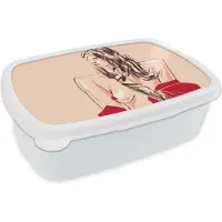 MuchoWow Broodtrommel Wit - Lunchbox - Brooddoos - Vrouw - Portret - Pastel - Rood - 18x12x6 cm - Volwassenen