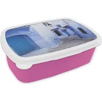 MuchoWow Broodtrommel Roze - Lunchbox - Brooddoos - Straat - Blauw - Deuren - Huizen - 18x12x6 cm - Kinderen - Meisje